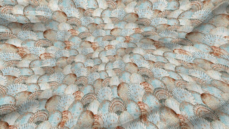 May include: A fabric with a repeating pattern of overlapping seashells. The shells are in shades of white, light blue, and brown, creating a textured, organic design. The overall effect is reminiscent of a beach or ocean theme.