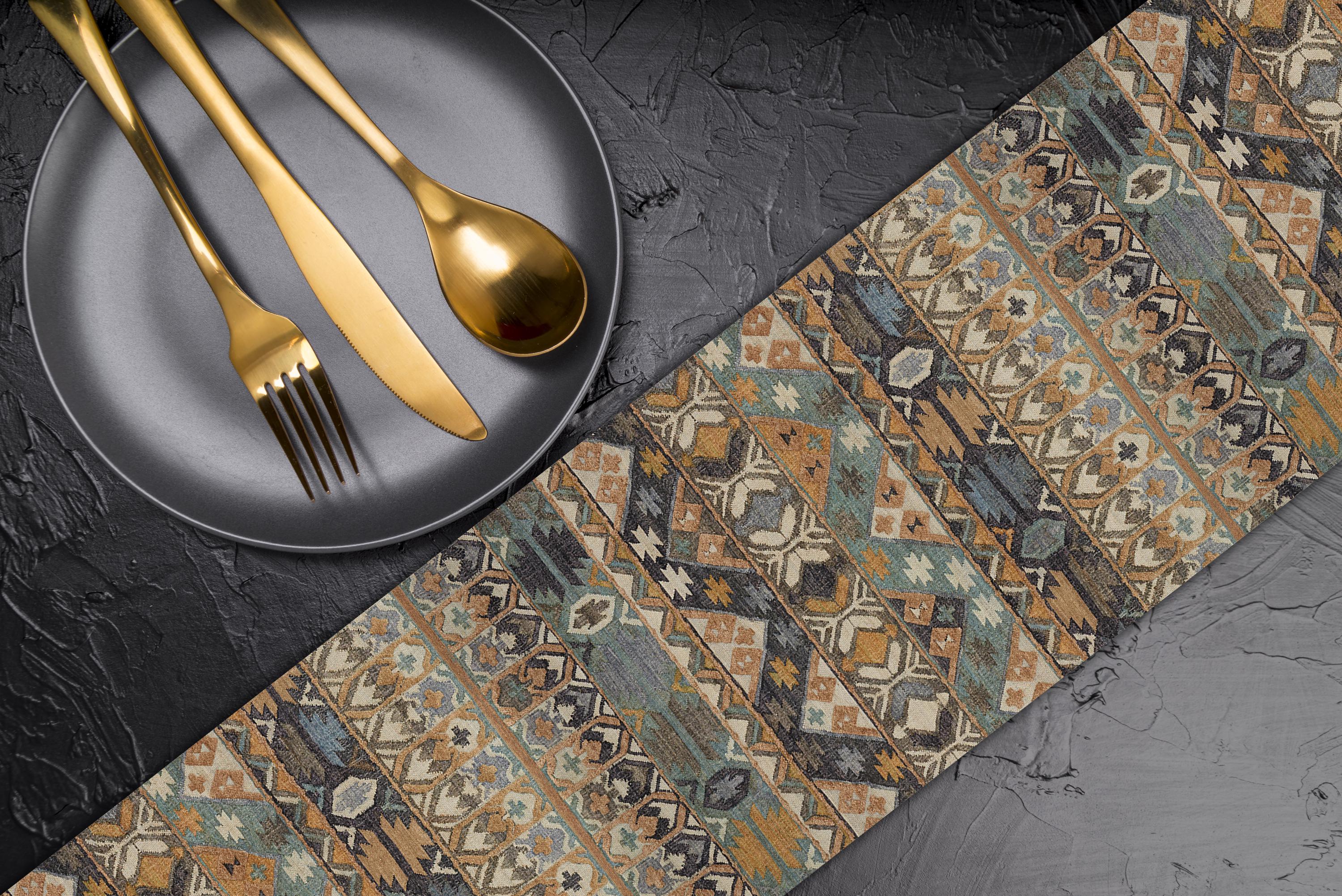 Teal Gold Kilim Table Runner, Custom Canvas Table Linen TR437