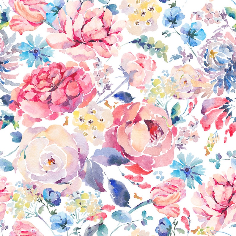 Weiß rosa blau Aquarell Floral Muster Print Stoff Stoff ...
