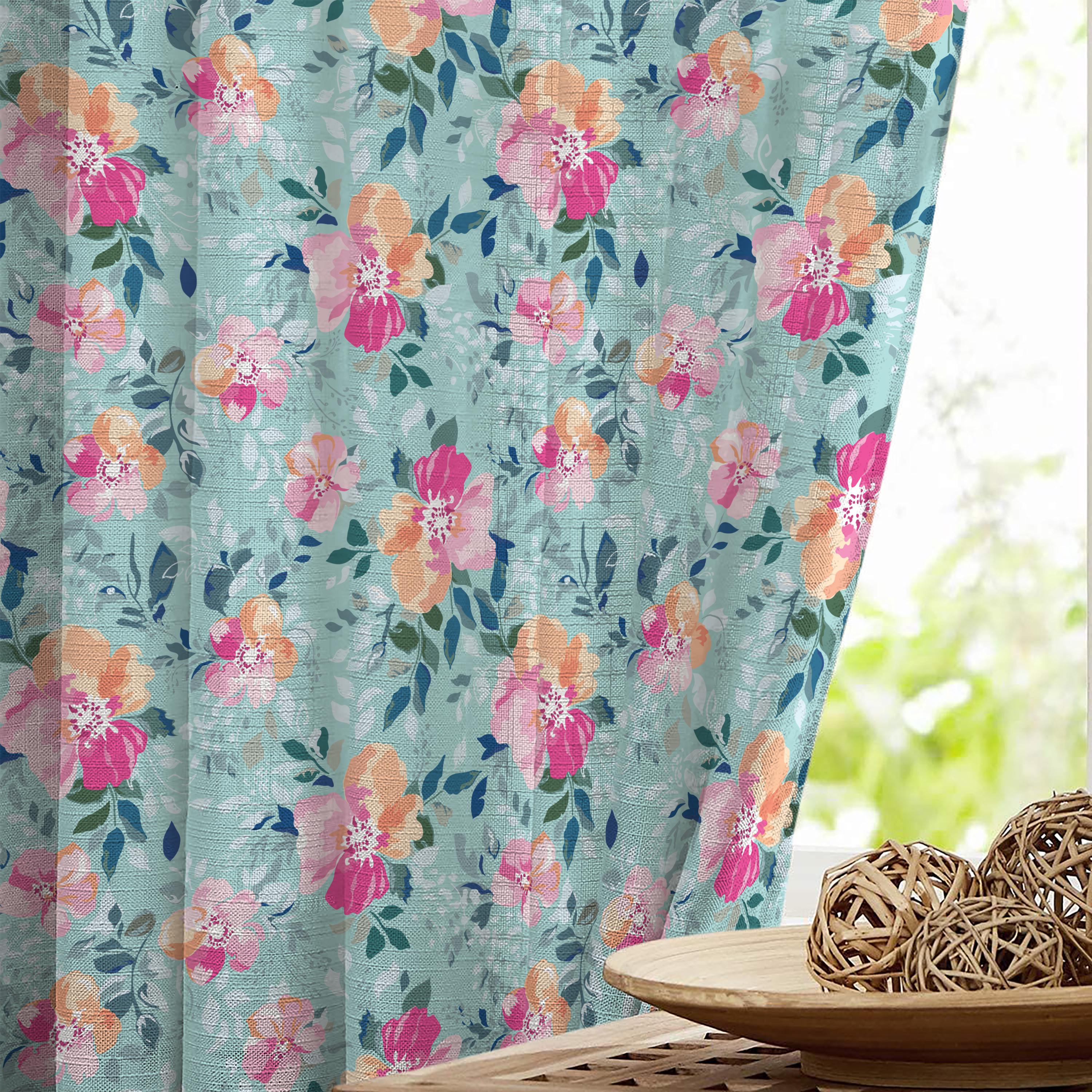 Turquoise Floral Curtain, Orange Pink Watercolor Print, Dual