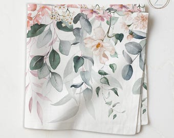 Aquarell Blumen Servietten, Rosa & Grüner Blattdruck, Canvas Tischwäsche EP409