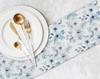 Blue Floral Table Runner, Watercolor Print Canvas Table Linen TR329
