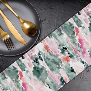 Pink Green Abstract watercolour Pattern Table Runner Canvas Fabric Custom Table Runner Table Linen Table Runner for Round Square Table TR432