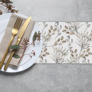 Tafelloper met aquarelbladpatroon, beigegrijs canvas, op maat gemaakt tafellinnen TR021