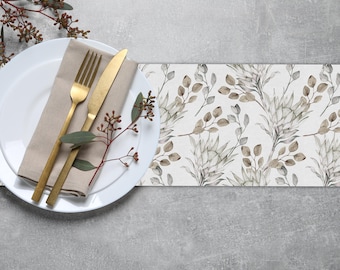 Aquarell Blatt Muster Tischläufer, Beige Graue Leinwand, Tischwäsche nach Maß TR021
