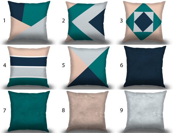 Navy Blue Teal Grey Peach Geometric Teal Grey Geometric Triangles Pillow