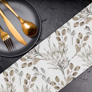 Beige Grey Watercolour Leaf Pattern Table Runner Canvas Fabric Custom Table Runner Table Linen Table Runner for Round Square Table TR021