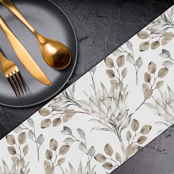 Beige Grey Watercolour Leaf Pattern Table Runner Canvas Fabric Custom Table Runner Table Linen Table Runner for Round Square Table TR021