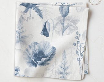 Blue Watercolor Floral Napkins, Canvas Fabric Table Linens NP158