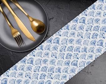 Blauer Aquarell Geometrischer Tischläufer, Traditionelle Tischwäsche TR342
