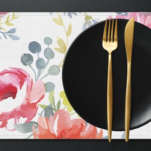Pink Yellow Orange Placemat Watercolour Floral Pattern Placemat set of 4 6 8 10 Custom Table Linen Placemat for Round Square Table PL020