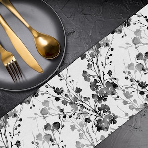 Black white watercolour floral Pattern Table Runner Canvas Fabric Custom Table Runner Table Linen Table Runner for Round Square Table TR316
