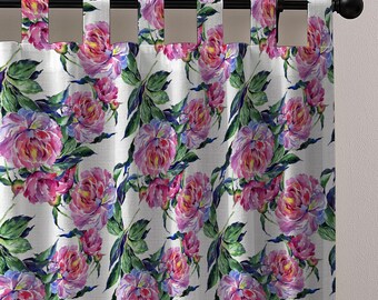 Cortina con trabillas y diseño floral de acuarela, rosa, melocotón y verde CU054C