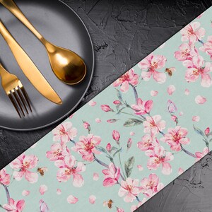 Mint and Pink  Watercolour Leaf Pattern Table Runner Canvas Fabric Custom Table Runner Table Linen Table Runner for Round Square Table TR027