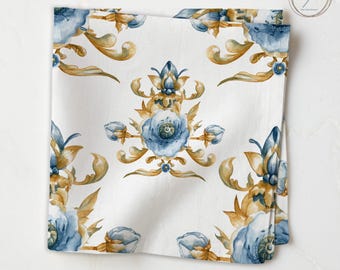 Blue Floral Watercolor Napkins, Canvas Table Linen, Set of 4/6/8/10 NP037