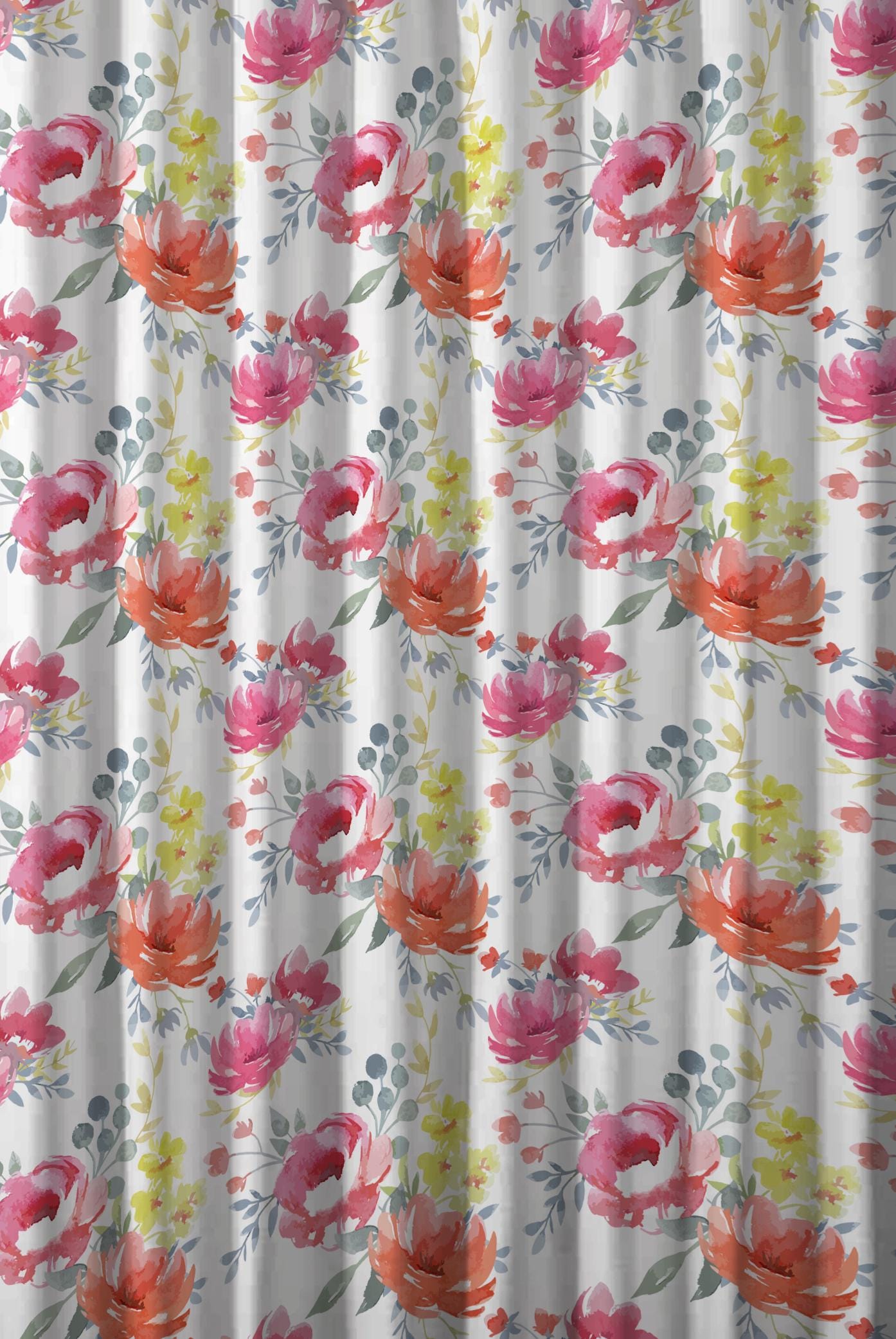 Watercolor Floral Print Curtain - Orange, Yellow, Pink French