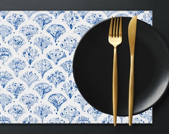 Blaues Wasserfarben Tischset, Geometrisches Tischwäsche Set PL342
