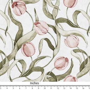 Blush pink Fabric Watercolour Floral Tulip print Pattern, Cotton Linen Canvas Fabric, Curtain Pillow Fabric for sewing Fabric by yard FAB345