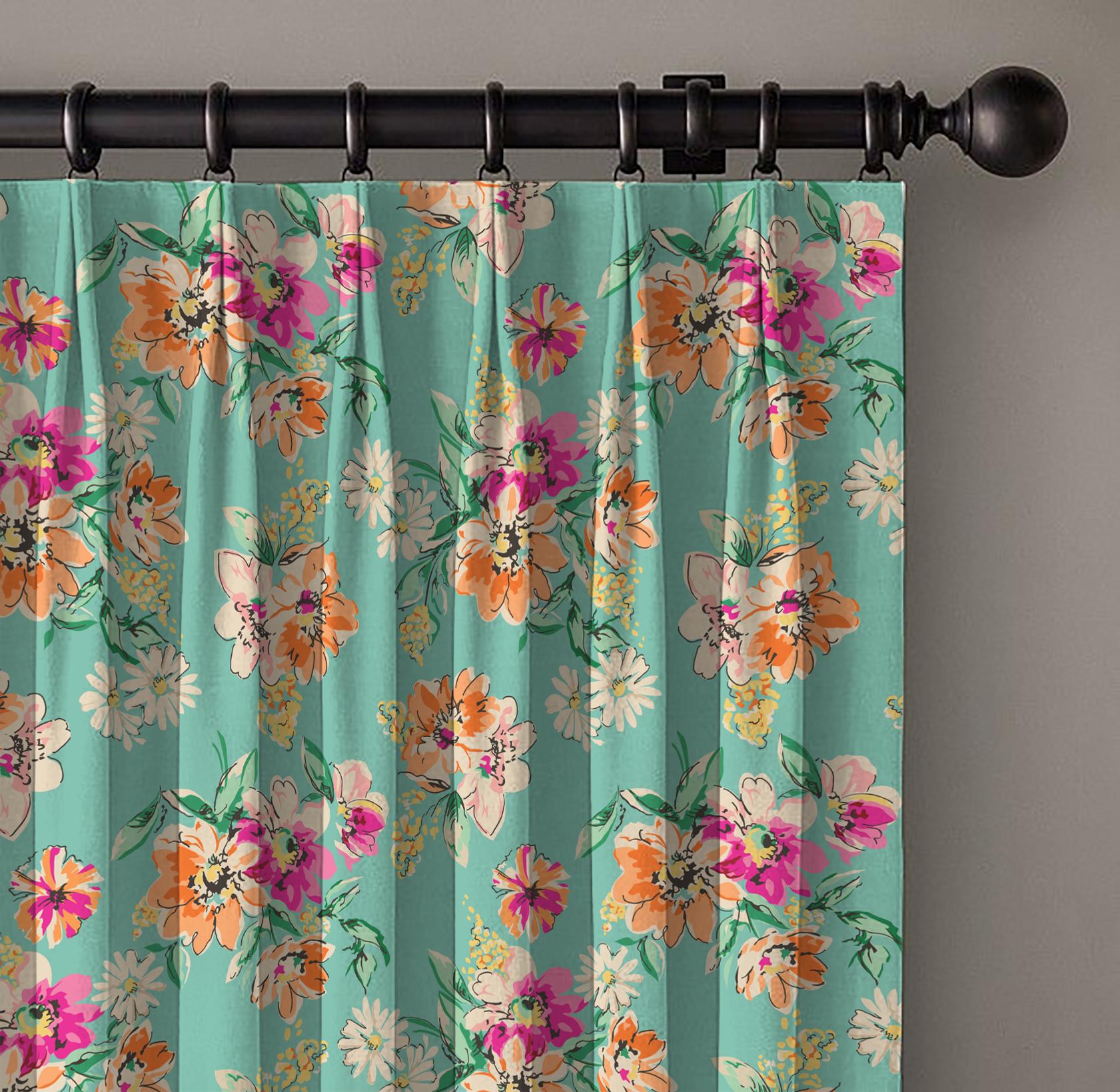 Turquoise Floral Curtain, Orange Pink Flowers, Dual French Pleat