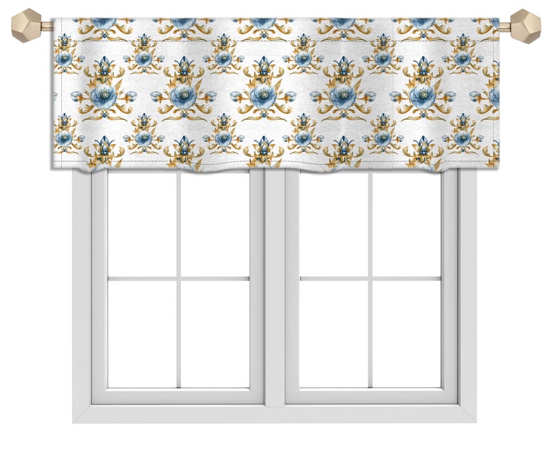 White Blue Watercolour Floral Pattern Valance Canvas Fabric Custom Valance Window Valance French Valance Window Treatment Curtain VL37