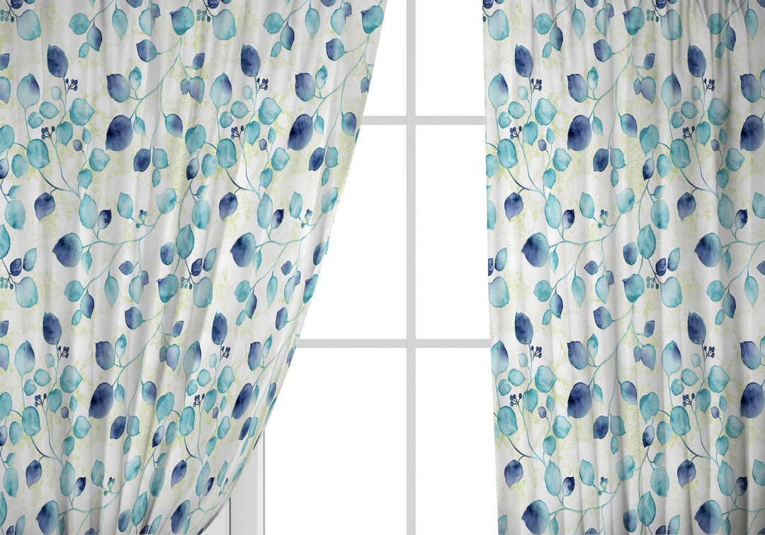 Blue Green Watercolour Leaf Pattern Window Curtain Blue Green Drapes