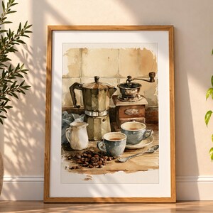 Lámina artística de cafetera moka, bodegón de cocina vintage en acuarela con molinillo.
