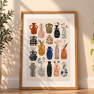May include: A framed wall art print featuring a grid of sixteen illustrated vases in various shapes, sizes, and colors, including terracotta, blue, yellow, and green, with some containing simple line-drawn floral stems and foliage.