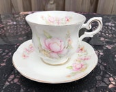 Vintage porseleinen thee cup set, kop en schotel roze gele bloemen, Royal Canterbury Engeland collectie, Engels porselein, Satsuma