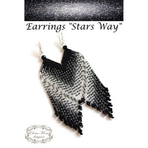 Beaded Fringe Earrings Silver & Black, Long Dangle Earrings, "Stars Way" image 1