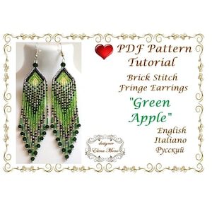 May include: A pair of long beaded fringe earrings featuring a brick stitch pattern in shades of green, black, and silver. The text on the image reads: PDF Pattern Tutorial, Brick Stitch Fringe Earrings, Green Apple, English, Italiano, Русский.