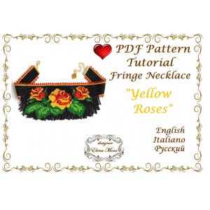 Pode incluir: Padrão PDF e tutorial para um colar de franjas de contas com rosas amarelas. O colar é preto com folhas verdes e detalhes vermelhos. O texto "Yellow Roses" está na imagem.