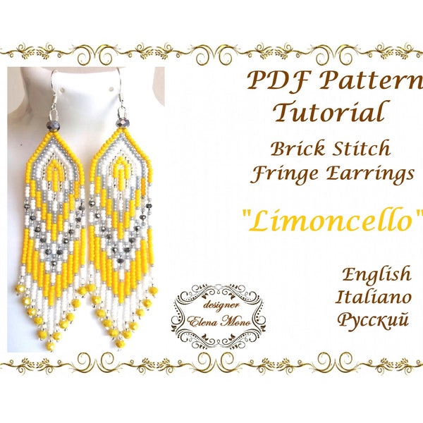 PDF Pattern and Tutorial Long Fringe Brick Stitch Earrings "Limoncello", Graph Pattern, Fringe Earrings, Beaded Earrings, Gradient