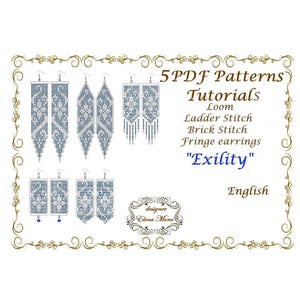 May include: A collection of five earring patterns featuring blue and white geometric bead designs. The text reads 5PDF Patterns Tutorials Loom Ladder Stitch Brick Stitch Fringe earrings Exility English and designer Elena Mono.