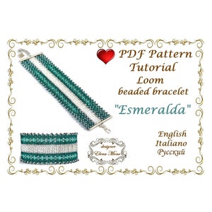 Peut inclure: Tutoriel de modèle PDF pour un bracelet en perles de métier à tisser appelé "Esmeralda". Le bracelet est vert et blanc avec un fermoir argenté. Le modèle est disponible en anglais, italien et russe.
