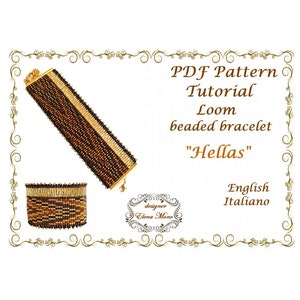 Peut inclure: Tutoriel de modèle PDF pour un bracelet en perles à tisser appelé "Hellas". L'image montre un gros plan du bracelet, qui est fait de perles brunes et dorées.