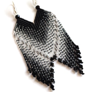 Beaded Fringe Earrings Silver & Black, Long Dangle Earrings, "Stars Way" image 6