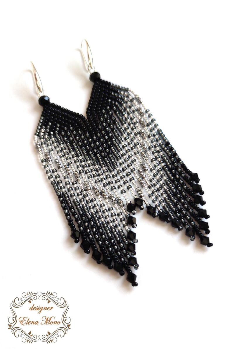 Beaded Fringe Earrings Silver & Black, Long Dangle Earrings, "Stars Way" image 6