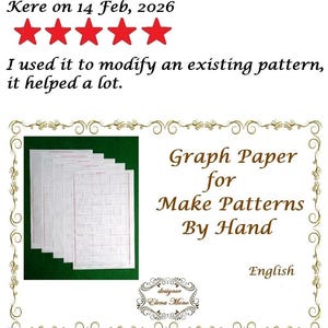 May include: A stack of white graph paper sheets with red grid lines, displayed next to text that reads: Kere on 14 Feb, 2026, five red stars, I used it to modify an existing pattern, it helped a lot, Graph Paper for Make Patterns By Hand, English, designer Elena Mono.