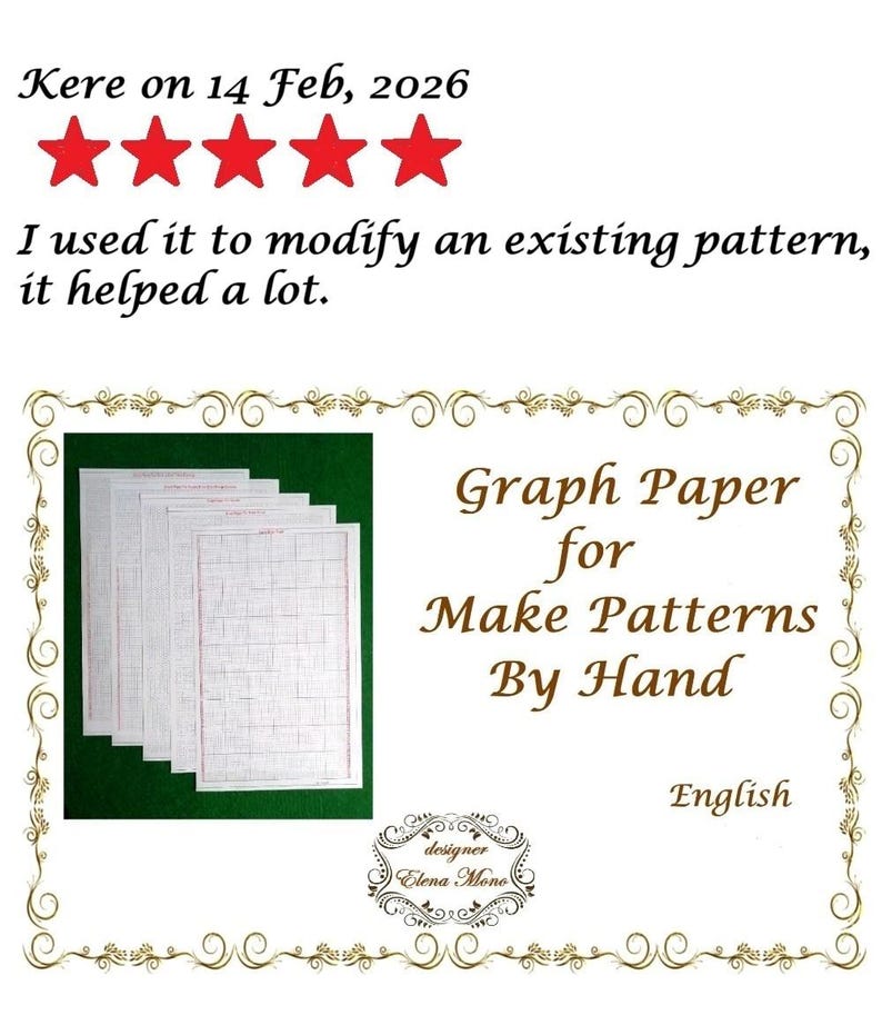 May include: A stack of white graph paper sheets with red grid lines, displayed next to text that reads: Kere on 14 Feb, 2026, five red stars, I used it to modify an existing pattern, it helped a lot, Graph Paper for Make Patterns By Hand, English, designer Elena Mono.