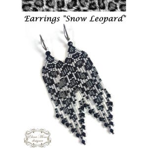 Long Fringe Earrings &quot;Snow Leopard&quot;, Beaded  Earrings, Dangle Earrings, Leopard Beaded Earrings, Silver Black Grey Colors