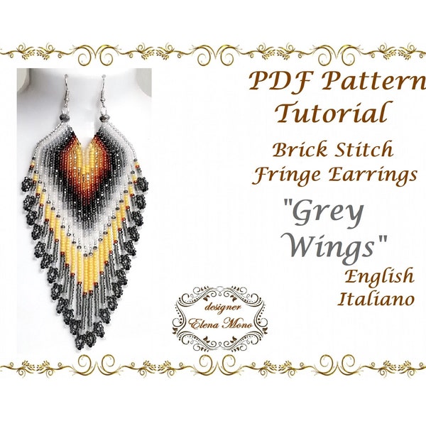 PDF Pattern and Tutorial Brick Stitch Long Fringe Earrings "Grey Wings", Graph Pattern, Gradient pattern, Beaded Jewelry