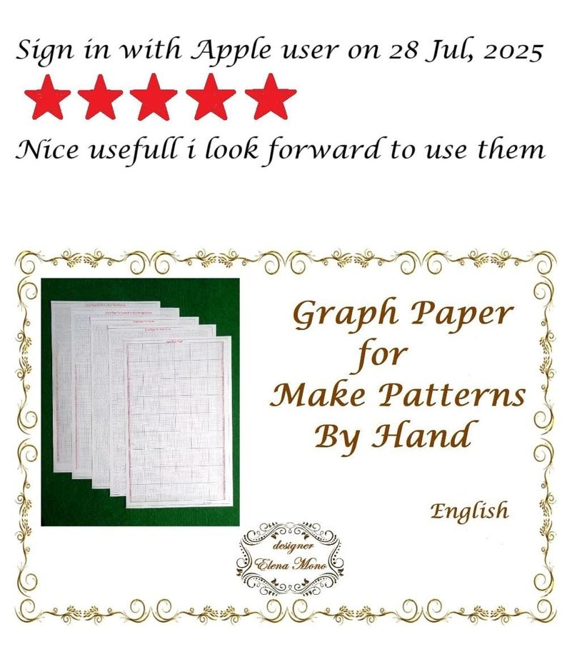 May include: A stack of white graph paper sheets with red grid lines for manual pattern making. The image includes five red stars, the text Sign in with Apple user on 28 Jul, 2025, Nice usefull i look forward to use them, and Graph Paper for Make Patterns By Hand.