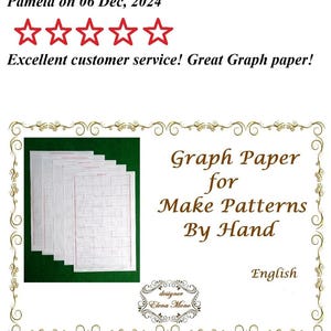May include: A stack of white graph paper sheets with red grid lines, displayed next to text that reads: Pamela on 06 Dec, 2024, five red stars, Excellent customer service! Great Graph paper!, Graph Paper for Make Patterns By Hand, English, designer Elena Mono.