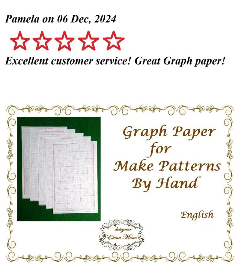 May include: A stack of white graph paper sheets with red grid lines, displayed next to text that reads: Pamela on 06 Dec, 2024, five red stars, Excellent customer service! Great Graph paper!, Graph Paper for Make Patterns By Hand, English, designer Elena Mono.
