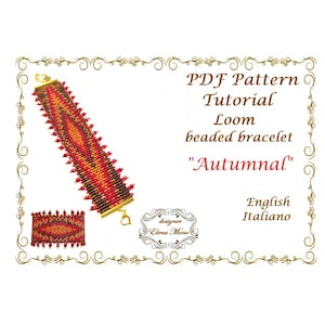 Peut inclure: Patron et tutoriel PDF pour un bracelet en perles tissé sur métier à tisser appelé "Automnal". Le bracelet est rouge, orange et marron avec un fermoir doré. Le motif est géométrique et présente un losange au centre.