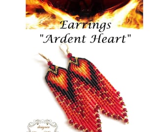 May include: Ardent Heart earrings, long and beaded with red, orange, black, and gold beads. The earrings are designed to look like flames.