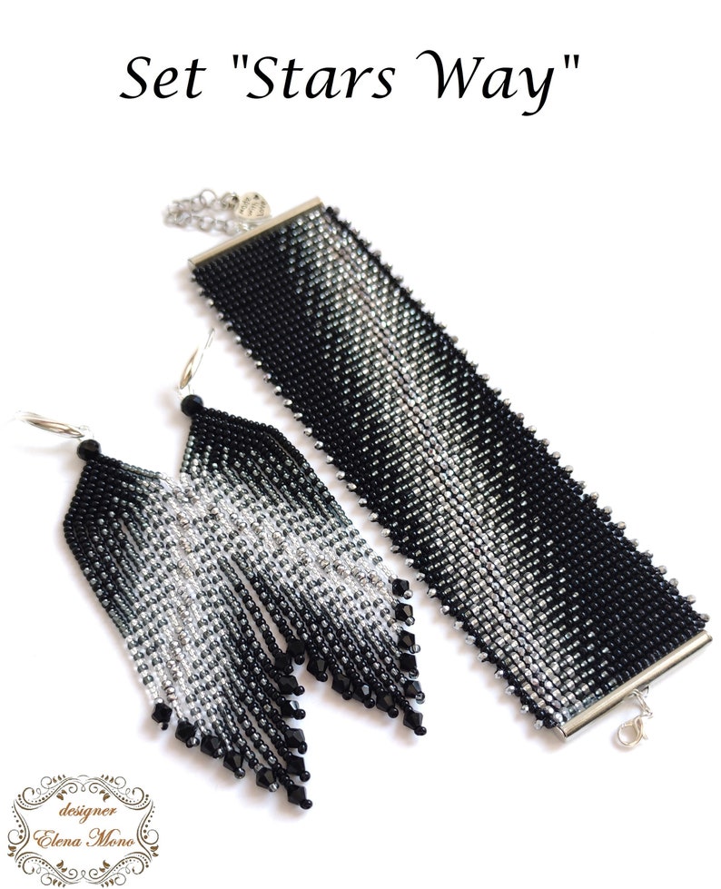 May include: A set of black and silver beaded jewelry with a bracelet and earrings. The bracelet has a silver clasp and the earrings are long and dangle. The set is called "Stars Way".