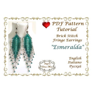 May include: A PDF pattern tutorial for making emerald green and silver fringe earrings using the brick stitch technique. The pattern is available in English, Italian, and Russian. The design is called "Esmeralda".