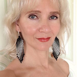 Beaded Fringe Earrings Silver & Black, Long Dangle Earrings, "Stars Way" image 10