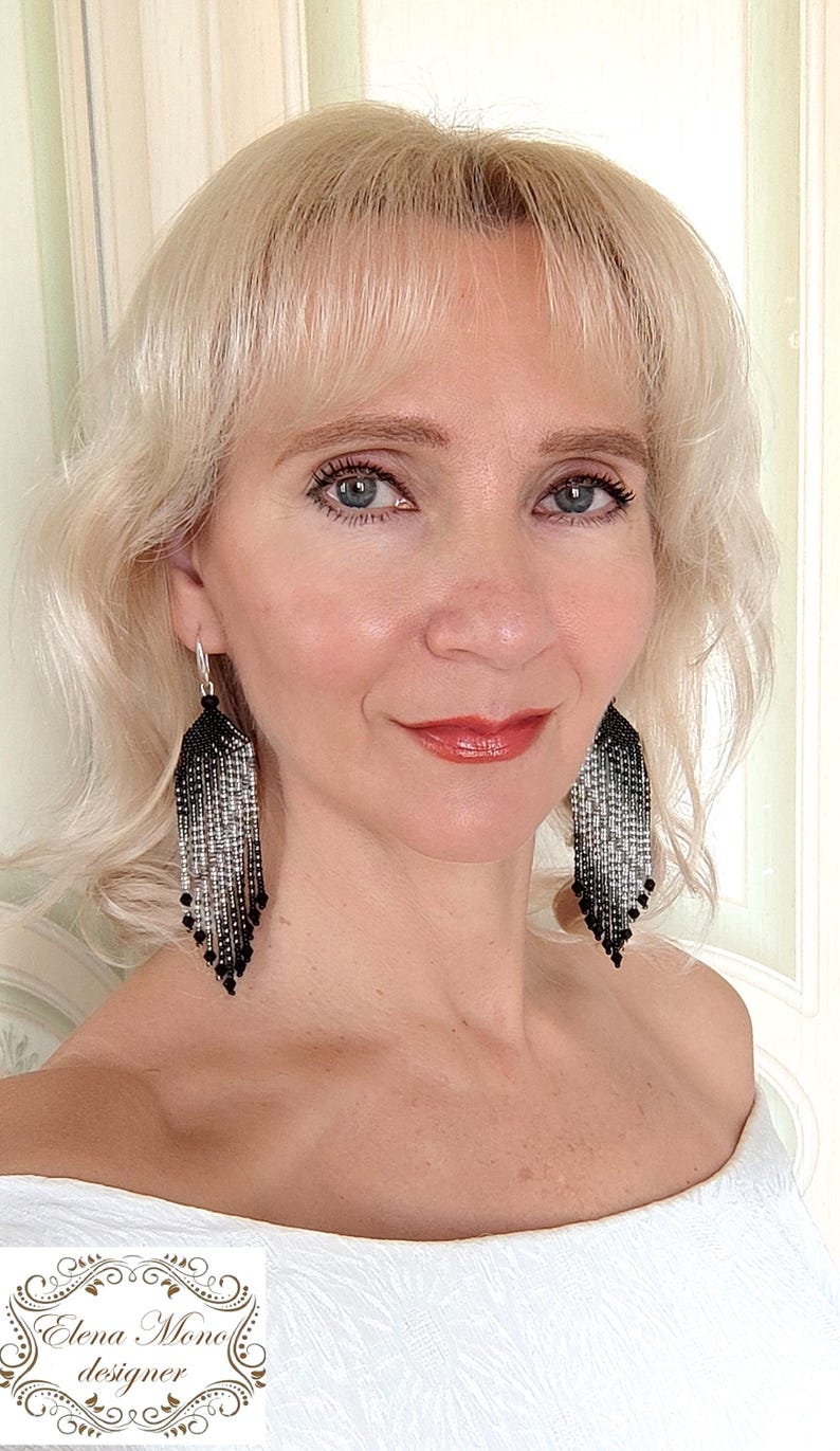 Beaded Fringe Earrings Silver & Black, Long Dangle Earrings, "Stars Way" image 10